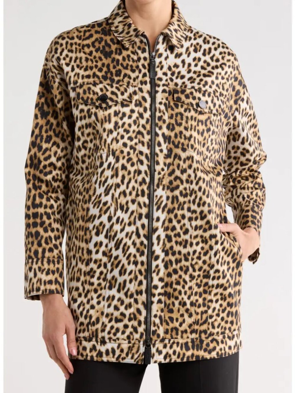 Longchamp Jacket Coat Zip Up Leopard Print Cotton Collared Long Sleeve Tan US 4